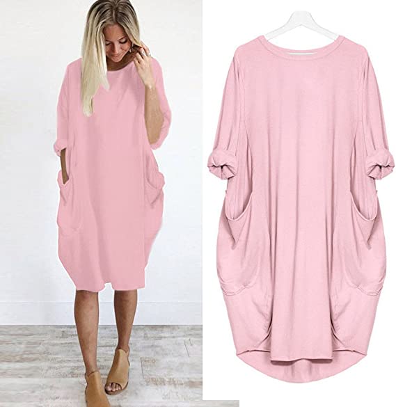 💝17 Colors Women Casual Loose Pocket Long Sleeves Dress