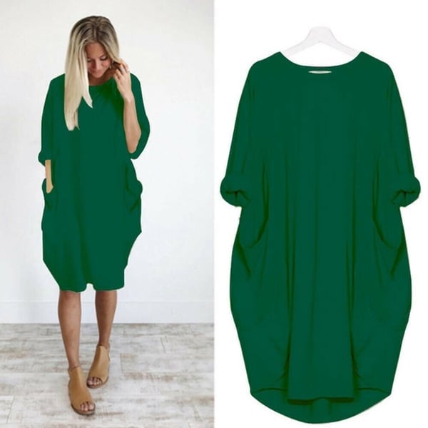 💝17 Colors Women Casual Loose Pocket Long Sleeves Dress