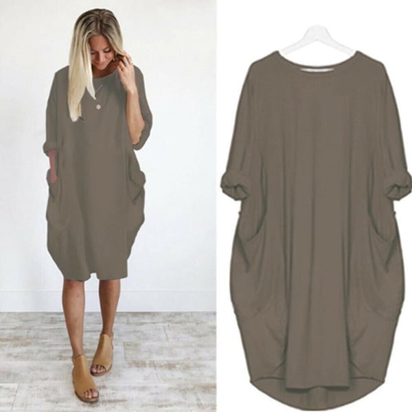 💝17 Colors Women Casual Loose Pocket Long Sleeves Dress